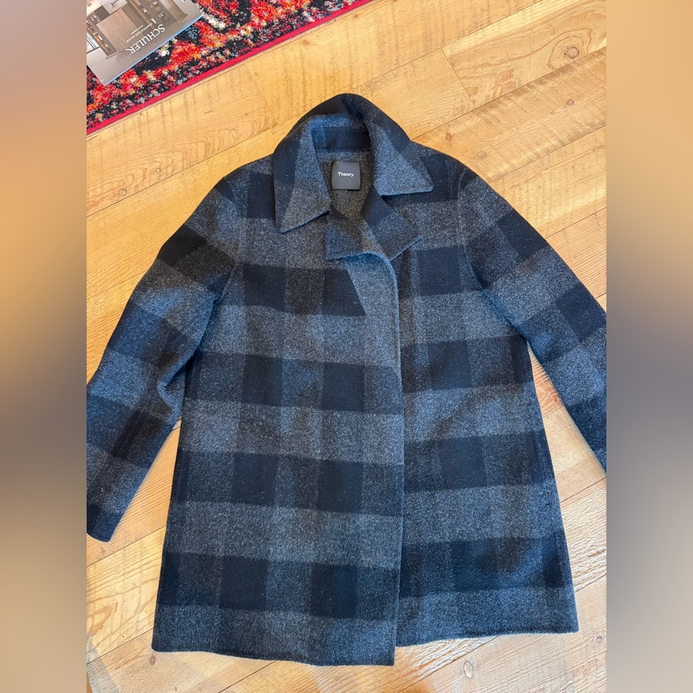 Theory Women's Charcoal and Black Checkered Pea Coat